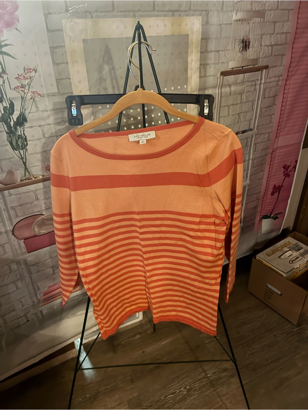 Ann Taylor Factory Orange Striped Crewneck Sweater